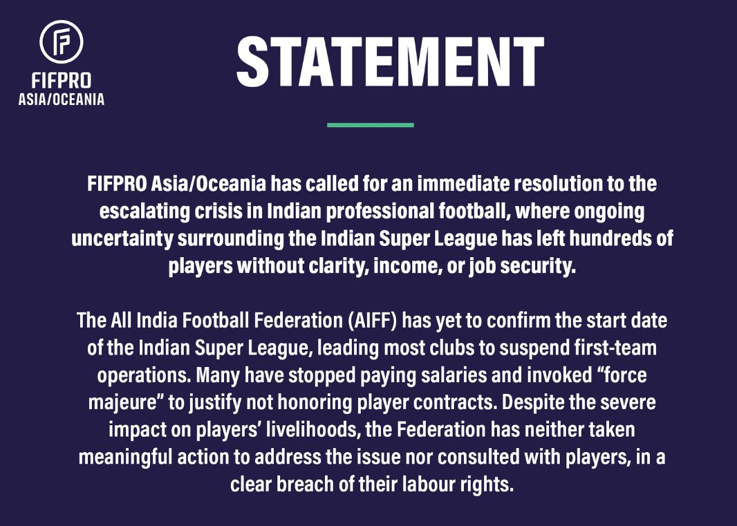 FIFPRO emite declaração instando a FIFA a intervir para resolver a crise do futebol indiano